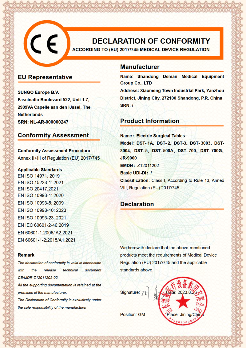 CE certificate for electric operating table - Yuda Medical